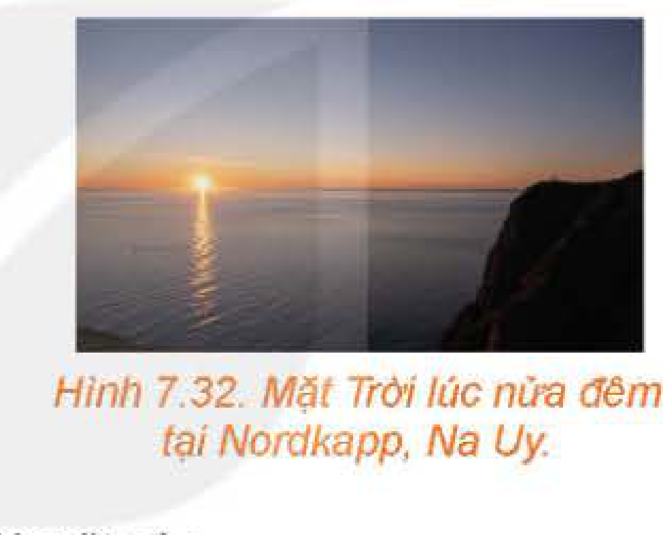 Hình 7.32: Mặt Trời lúc nửa đêm tại Nordkapp, Na Uy